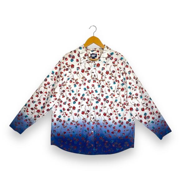 Lands' End Roll-Tab Poplin Boyfriend Tunic Shirt Size XL Cream Blue Ombre - Picture 2 of 13